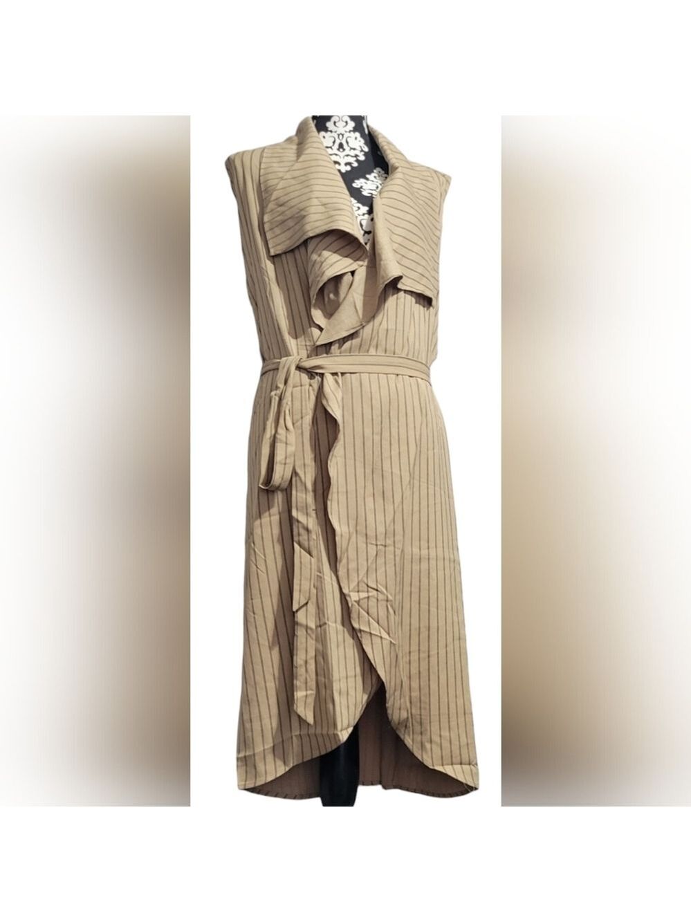 Tan Pinstriped Sleeveless Belted Duster